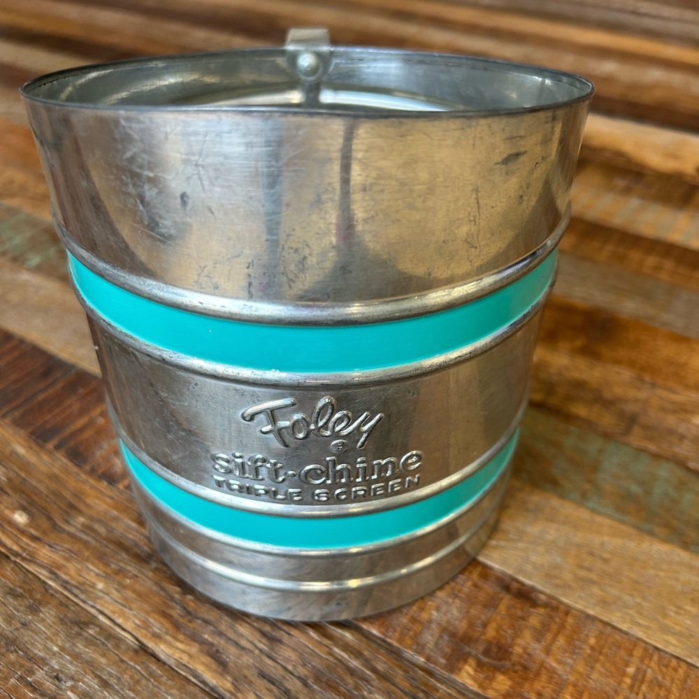 Vintage Foley Sift-Chine Flour Sifter with Teal/Turquoise Accent.  Rare Find.